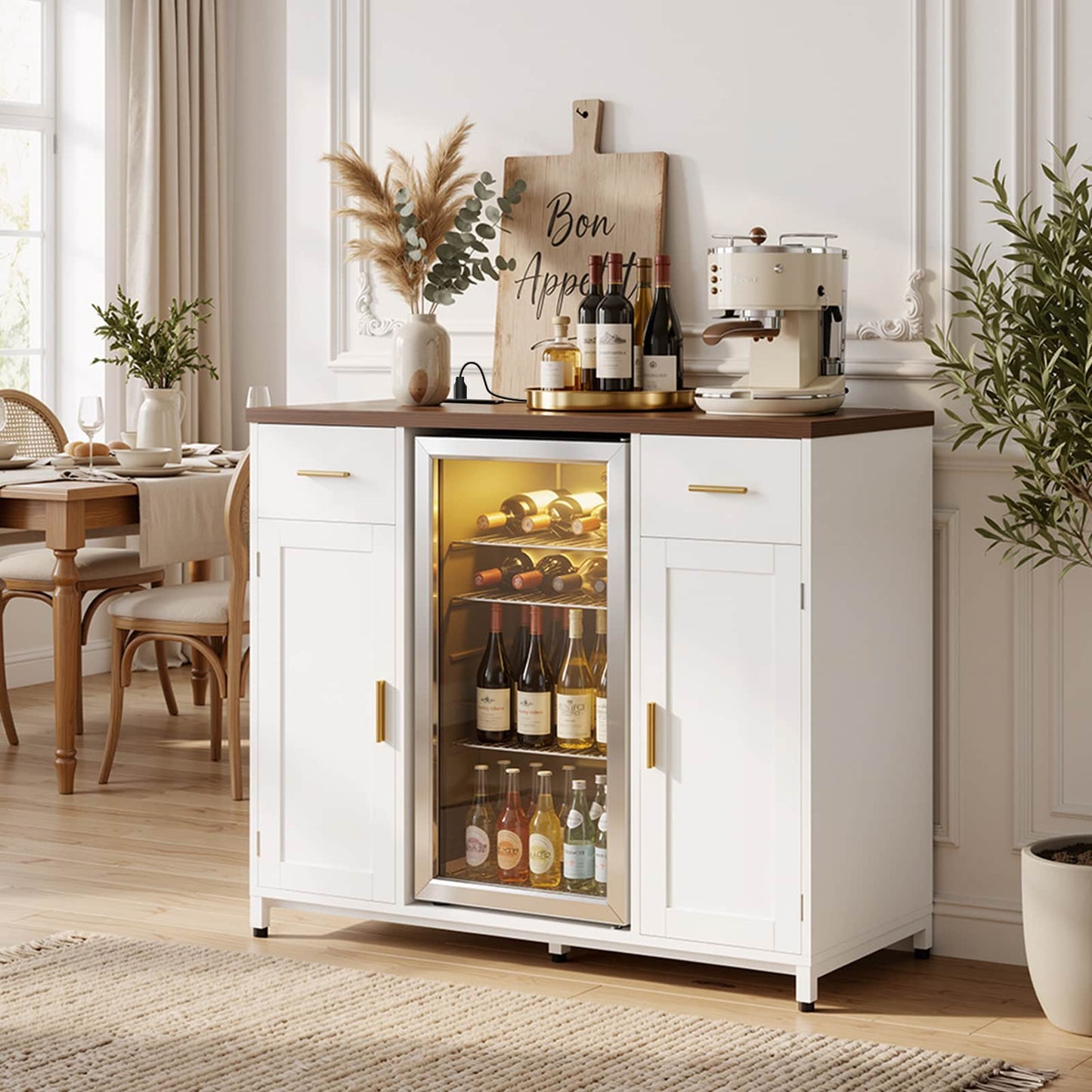 All-in-One Coffee Bar Cabinet with Mini Fridge Space & Power Outlet - Buffet Sideboard for Kitchen & Dining Room