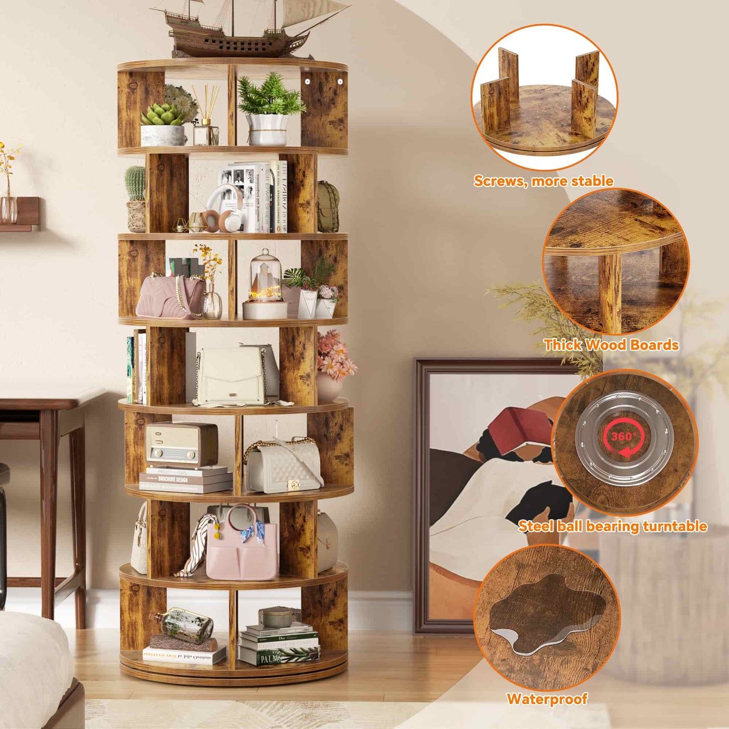 7-Tier Spinning Shoe Rack Tower, 360 Revolving wooden Shoe Rack, 60'' for shoes ,bags, Display Lazy Susan ,Storage Carousel