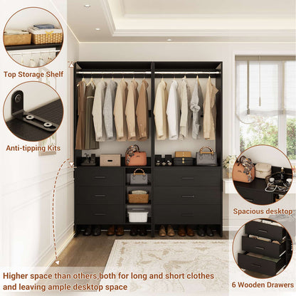 Closet System with 6 Drawers, 4.5ft Wood Closet Organizer System
