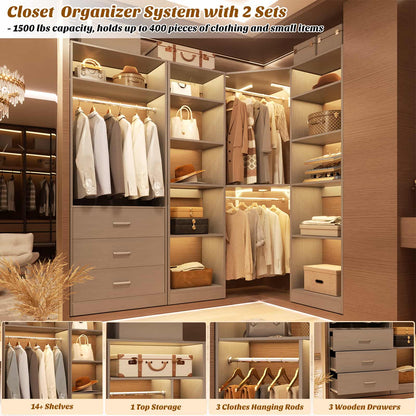 63.2" L X 39.2" W X 80" H Corner Closet System,Freestanding Closet Organizer System With 2 Drawers & 12 Shelves