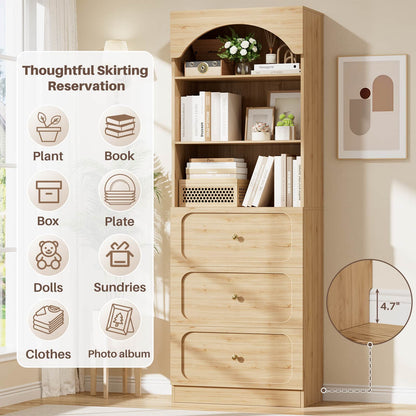 80" Tall Arched Bookcase with 3 Drawers & 3 Open Shelves - Wooden Storage Cabinet for Living Room, Kitchen