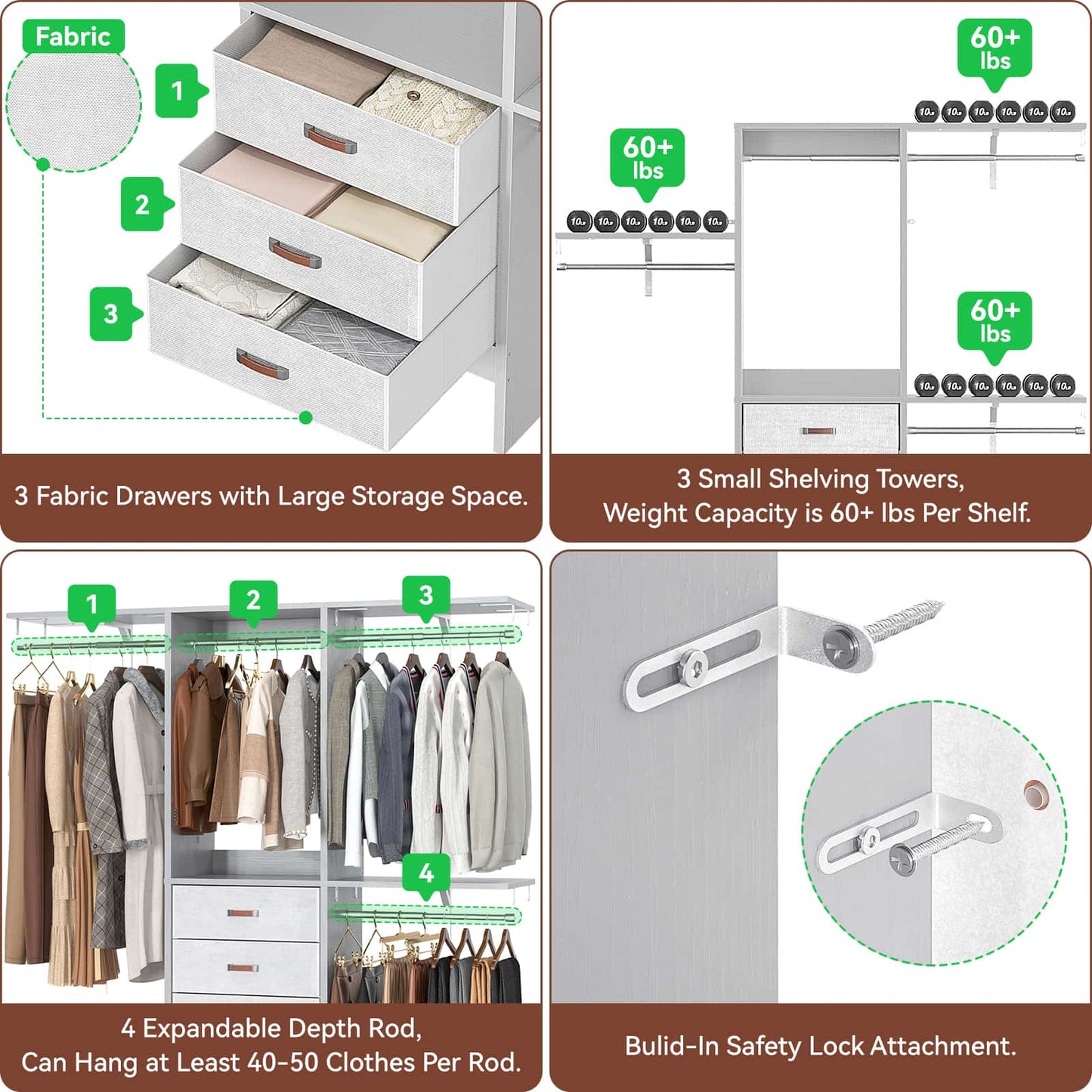 59'' W Small Closet System with 3 Fabric Drawers
