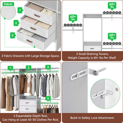 59'' W Small Closet System with 3 Fabric Drawers