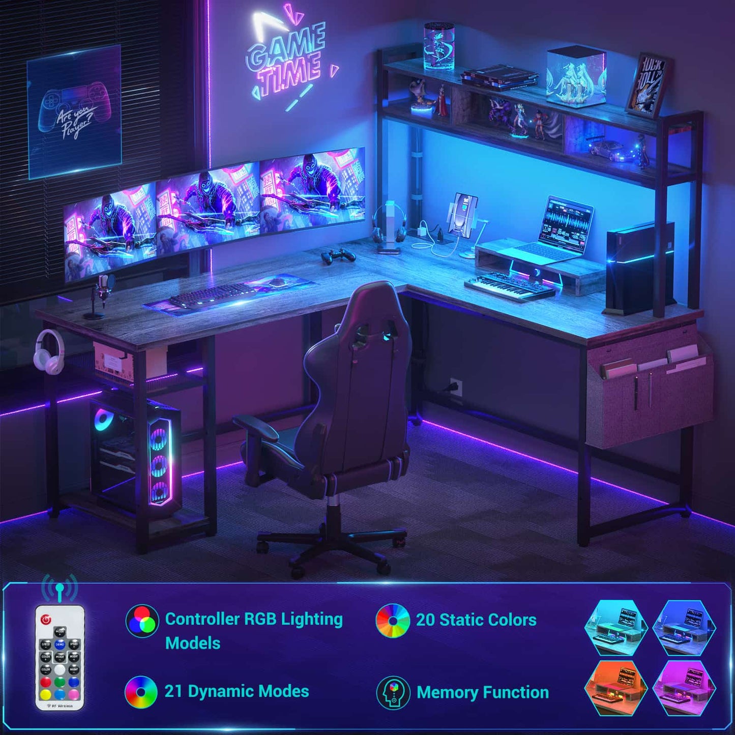 L Shaped Desk with Power Outlet, LED Strip, Storage Shelf