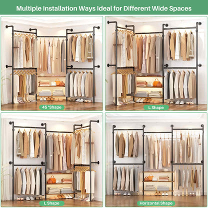 84"-128" Adjustable Metal Pipe Clothing Rack Wall-Mounted,Industrial Garment Rack with 3-Tier Wooden Shelves,Heavy-Duty 1000LBS Capacity