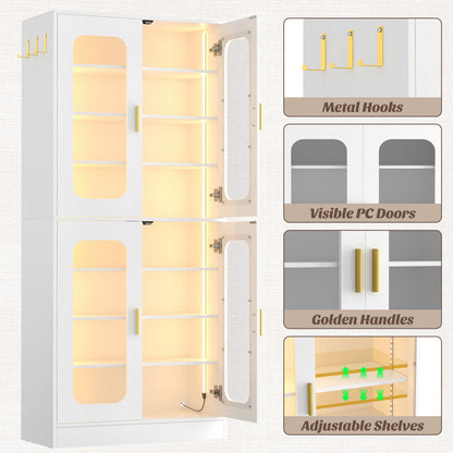2-Pack 8-Tier LED Shoe Cabinets with Adjustable Shelves, Freestanding Shoe Racks with Hanging Hooks