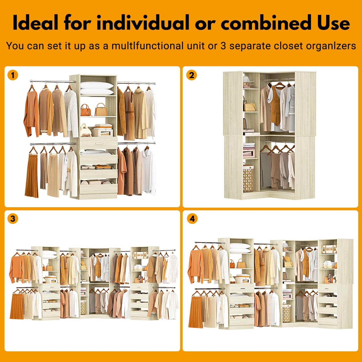 3-Piece Freestanding Wardrobe,79"-267" Adjustable Closet System with Drawers & Shelves for Bedroom/Closet Storage