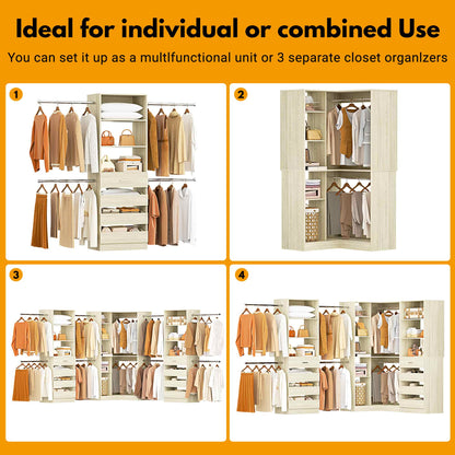 3-Piece Freestanding Wardrobe,79"-267" Adjustable Closet System with Drawers & Shelves for Bedroom/Closet Storage