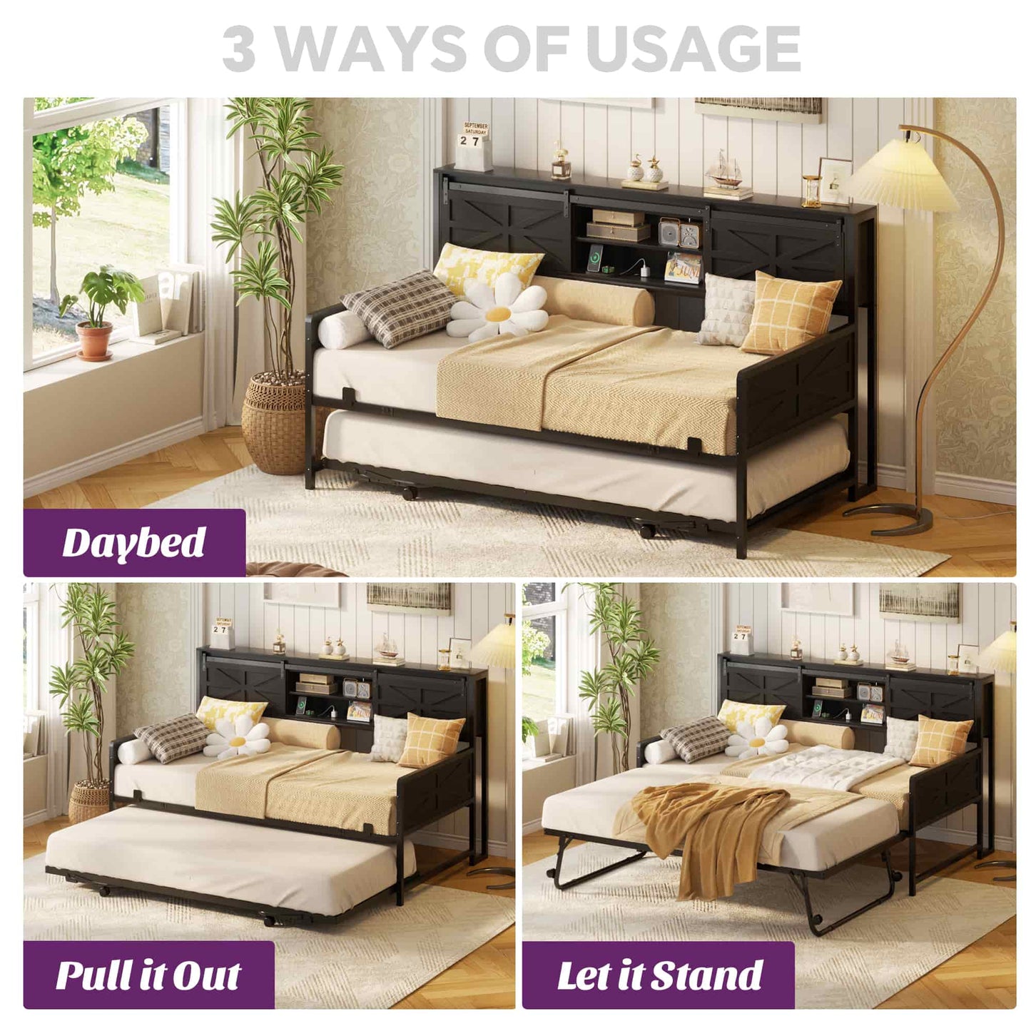 Twin Size Daybed with Trundle, Daybed with Charging Station & Storage Headboard, Heavy Duty Metal Sofa Bed Frame with Pop-up Trundle