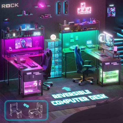 L Shaped Computer Desk with Power Outlets & LED Lights