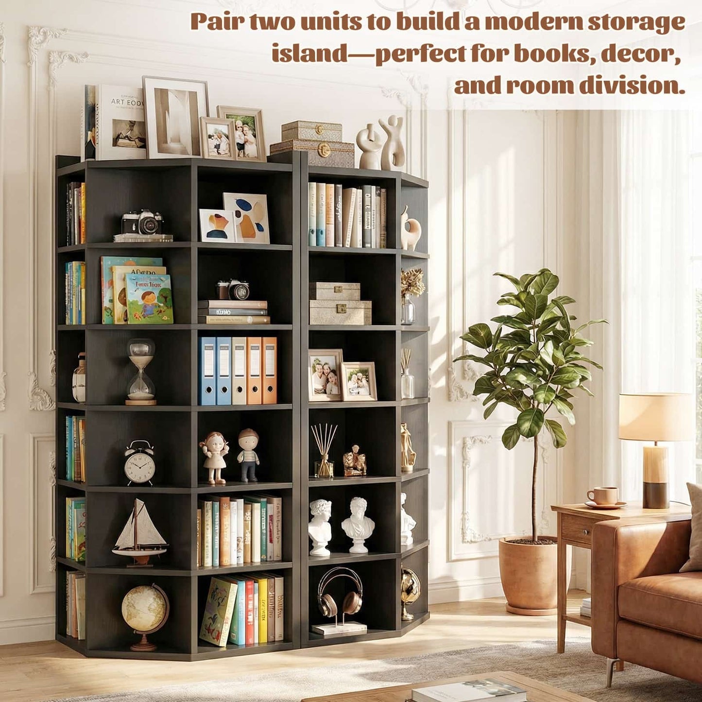 7-Tier Corner Cube Book Shelf - Wooden L-Shaped Storage Cabinet with Top Table for Small Spaces, Home Office, Bedroom, Living Room
