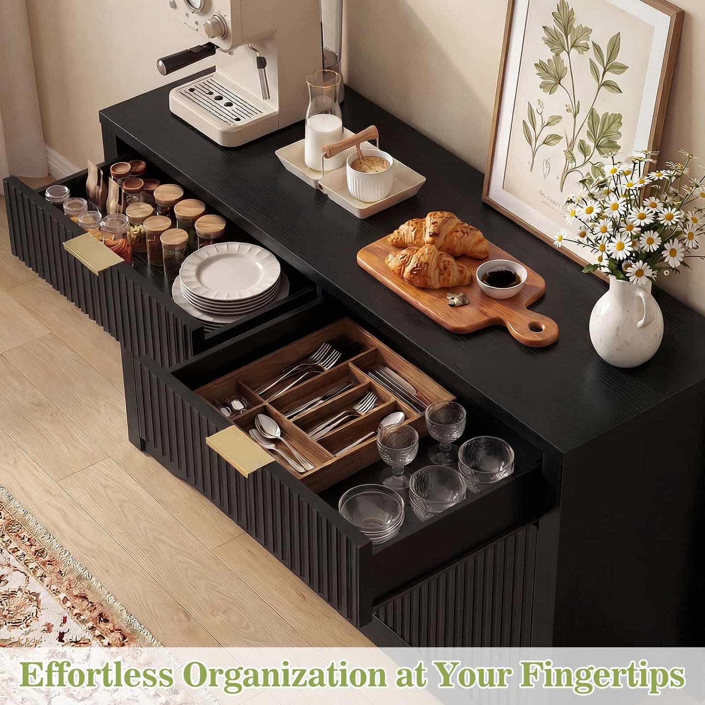 Buffet Cabinet with Storage, 55" Fluted Sideboard Buffet with Drawers