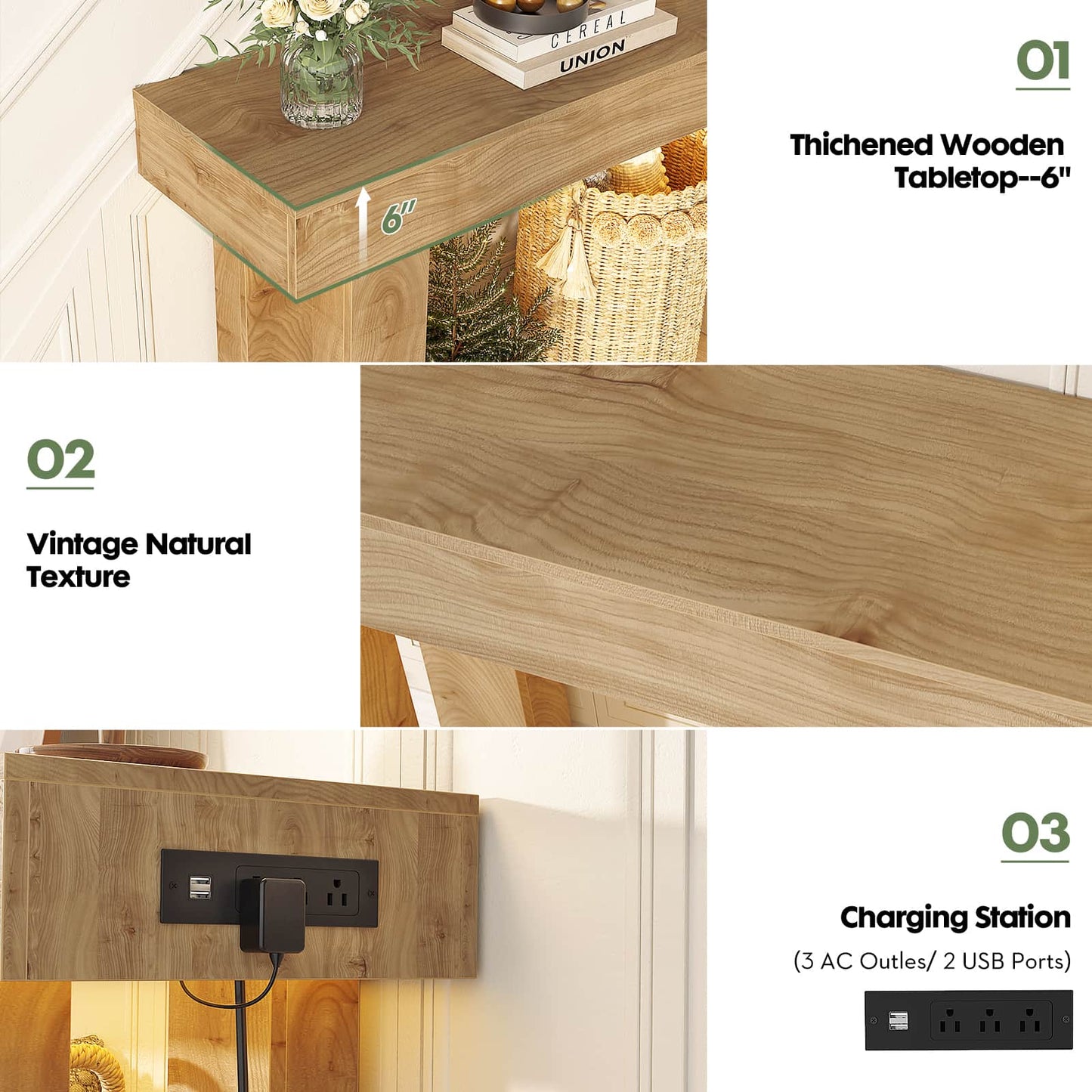 47" Console Table with Socket & Sensor Light, Narrow Entryway Table with Storage for Hallway/Living Room, Farmhouse Style