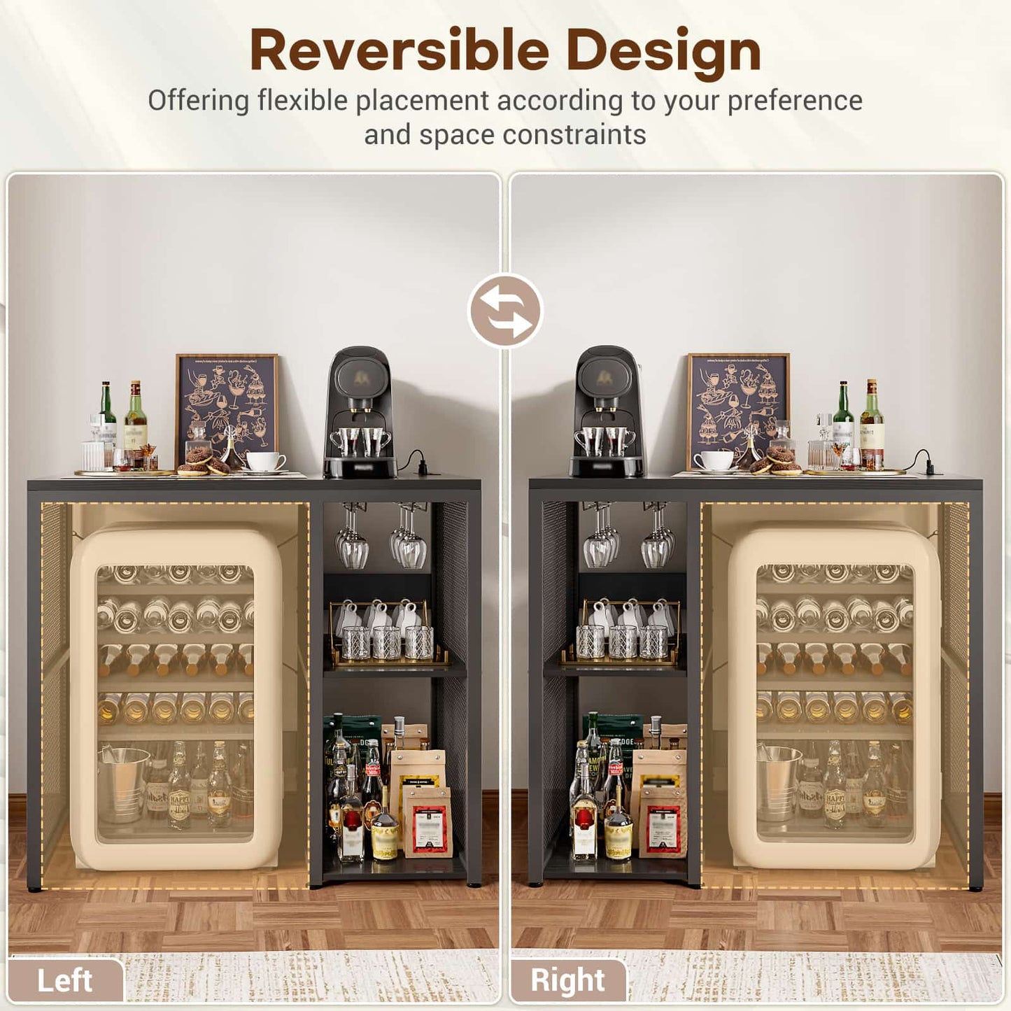 Mini Fridge Cabinet with Power Outlet, Coffee Bar Cabinet with Mini Fridge Space