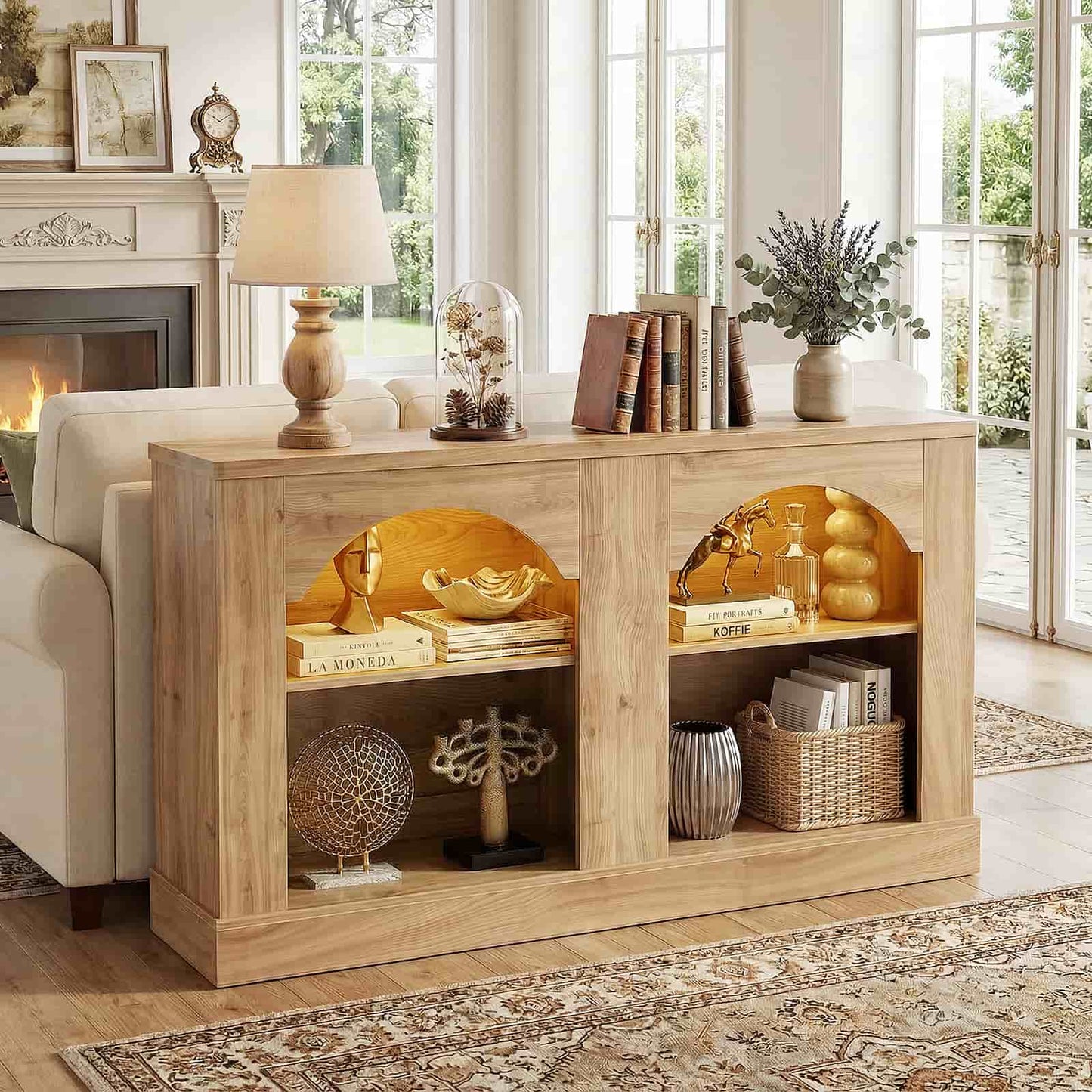 47" Arched LED Entryway Table - Farmhouse Console Table with Adjustable Shelves, Sofa Table, Sideboard Buffet Storage Cabinet