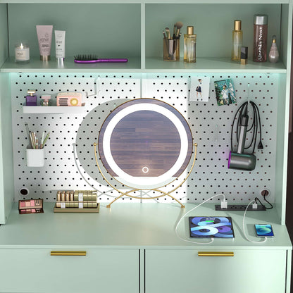 48" Makeup Vanity with Hutch, LED Lighted Mirror & Charging Station, 5 Large Drawers, Shelves, Pegboard & Cabinet