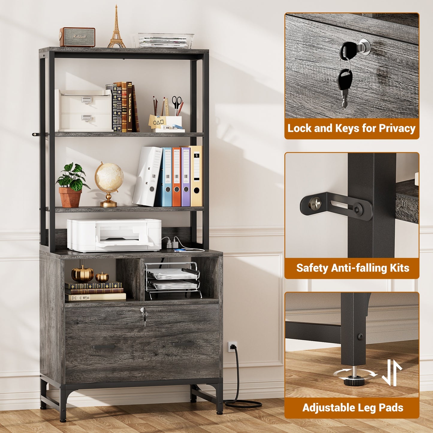 File Cabinet with Charging Station, Vertical Filing Cabinet with Lock & Large Drawer