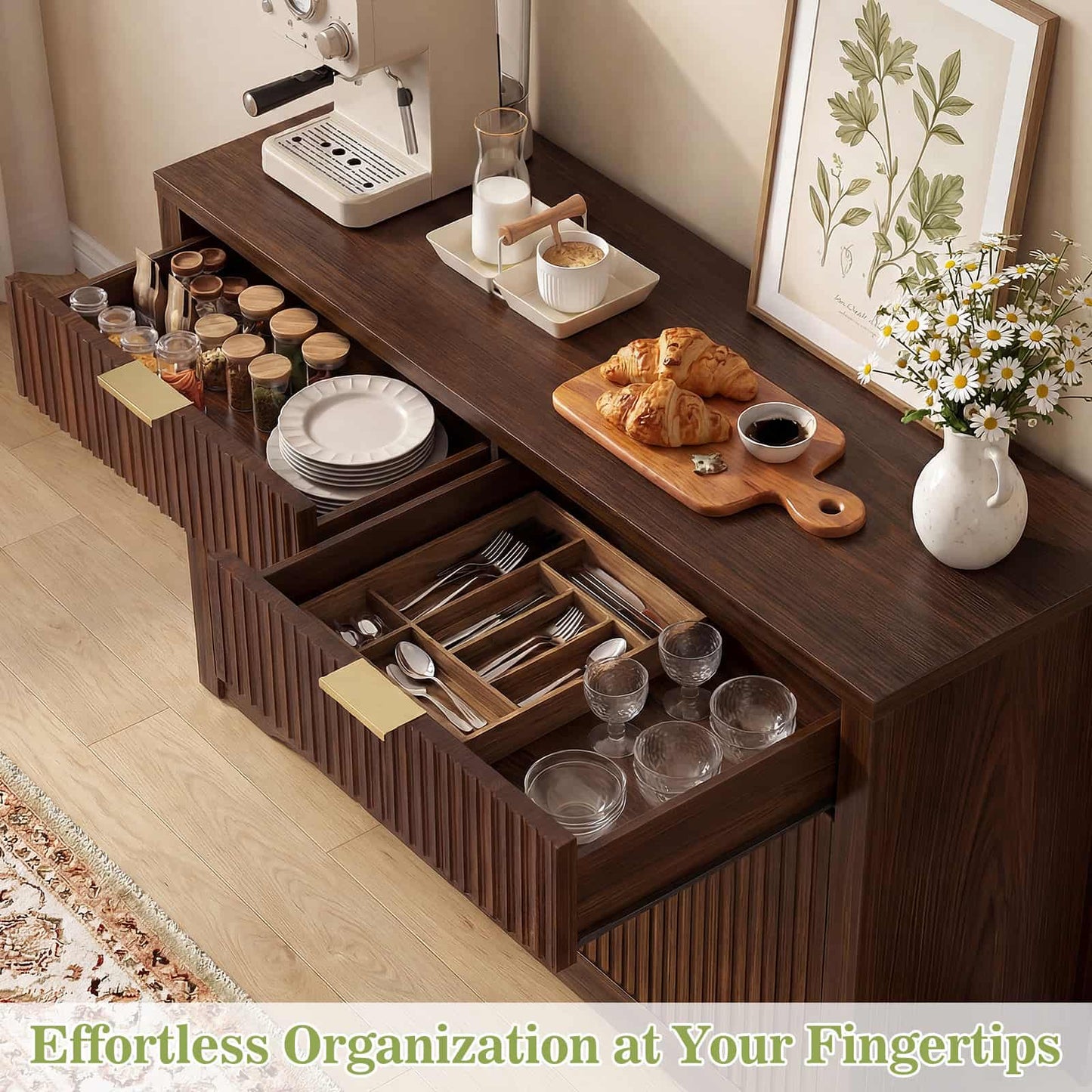 Buffet Cabinet with Storage, 55" Fluted Sideboard Buffet with Drawers