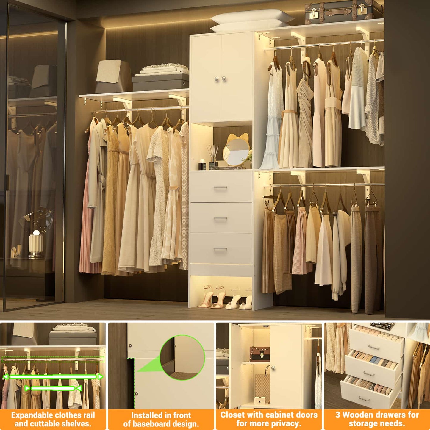 96 '' Closet Organizer System with Wood Drawers and Doors