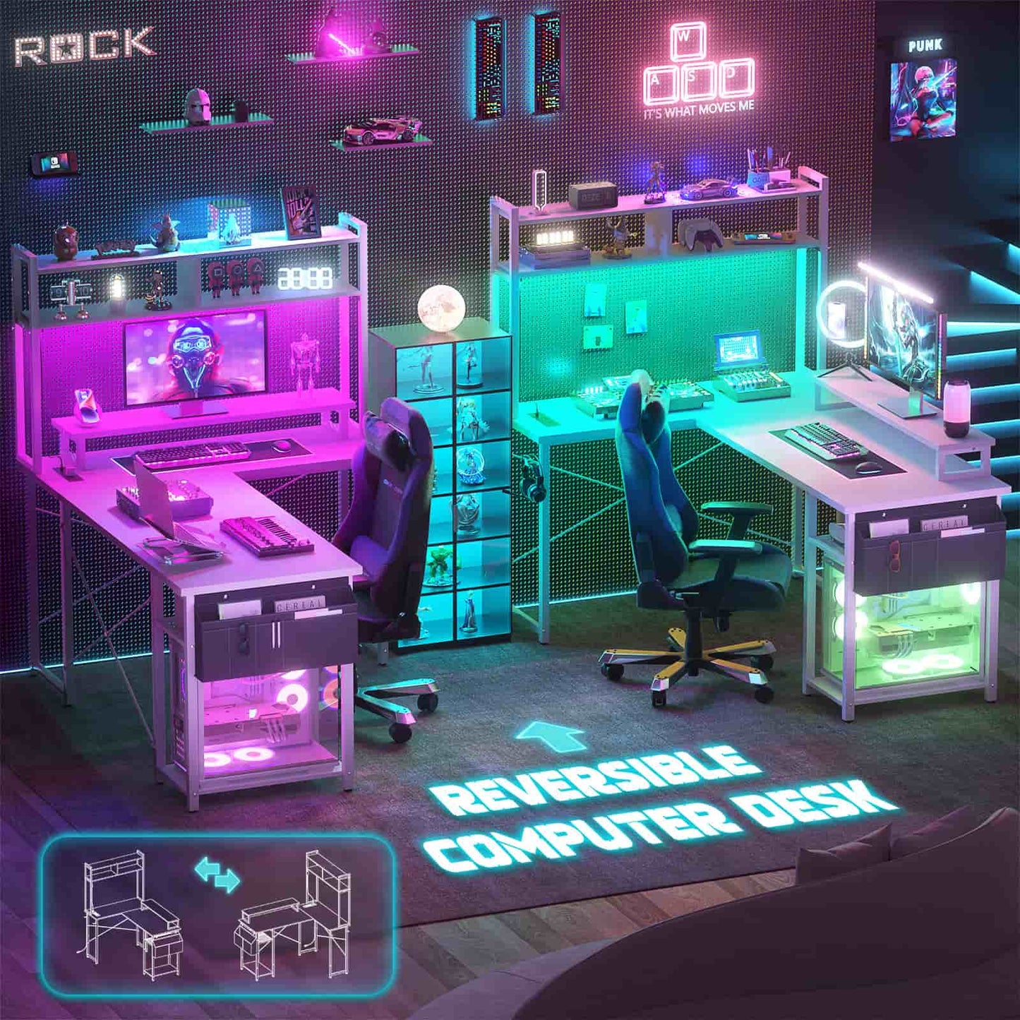 L Shaped Computer Desk with Power Outlets & LED Lights