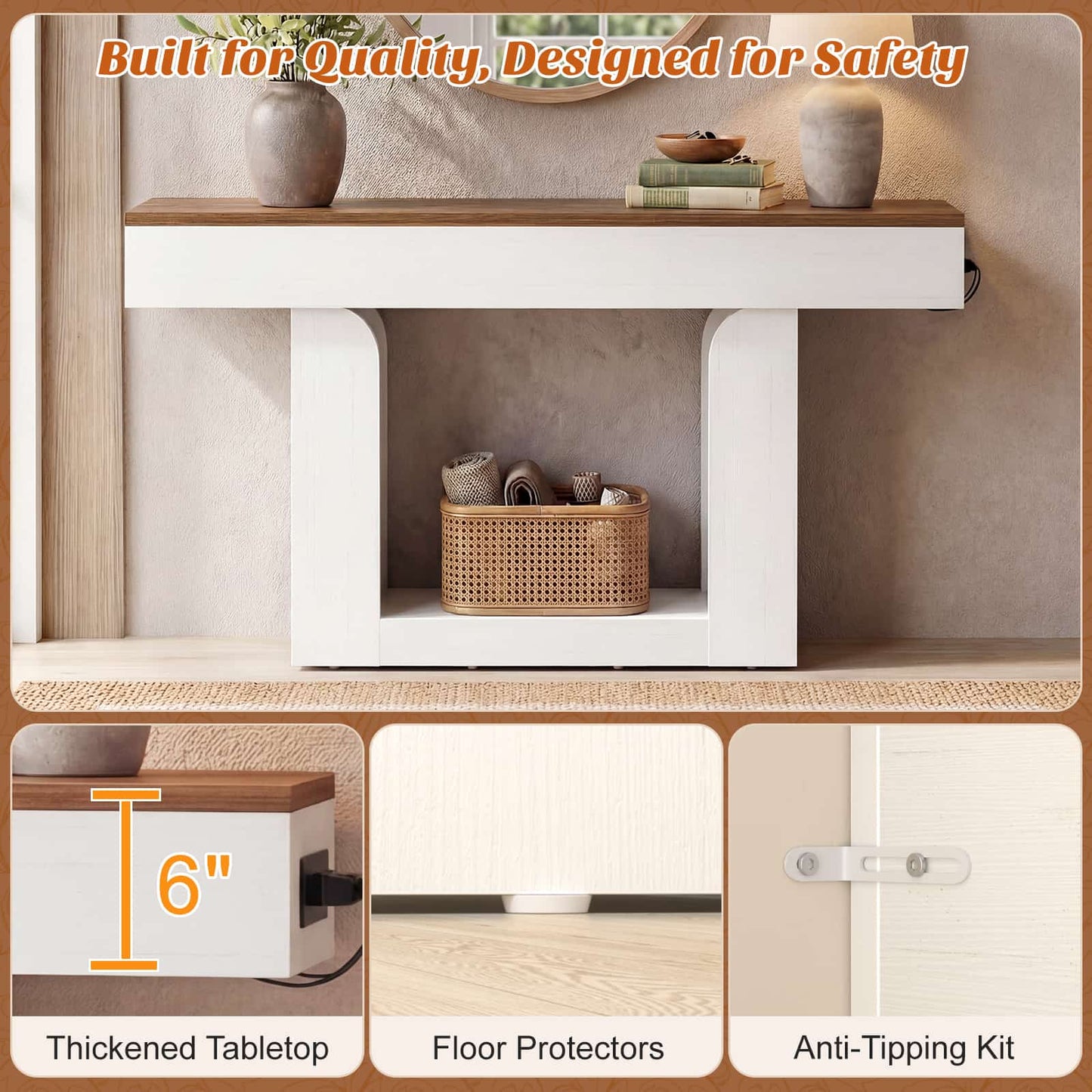 47" Farmhouse Console Table -LED Lights & Charging Station, Narrow Sofa Table for Entryway, Living Room, Foyer, Hallway