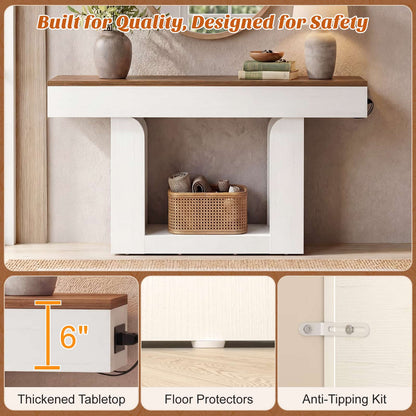 47" Farmhouse Console Table -LED Lights & Charging Station, Narrow Sofa Table for Entryway, Living Room, Foyer, Hallway