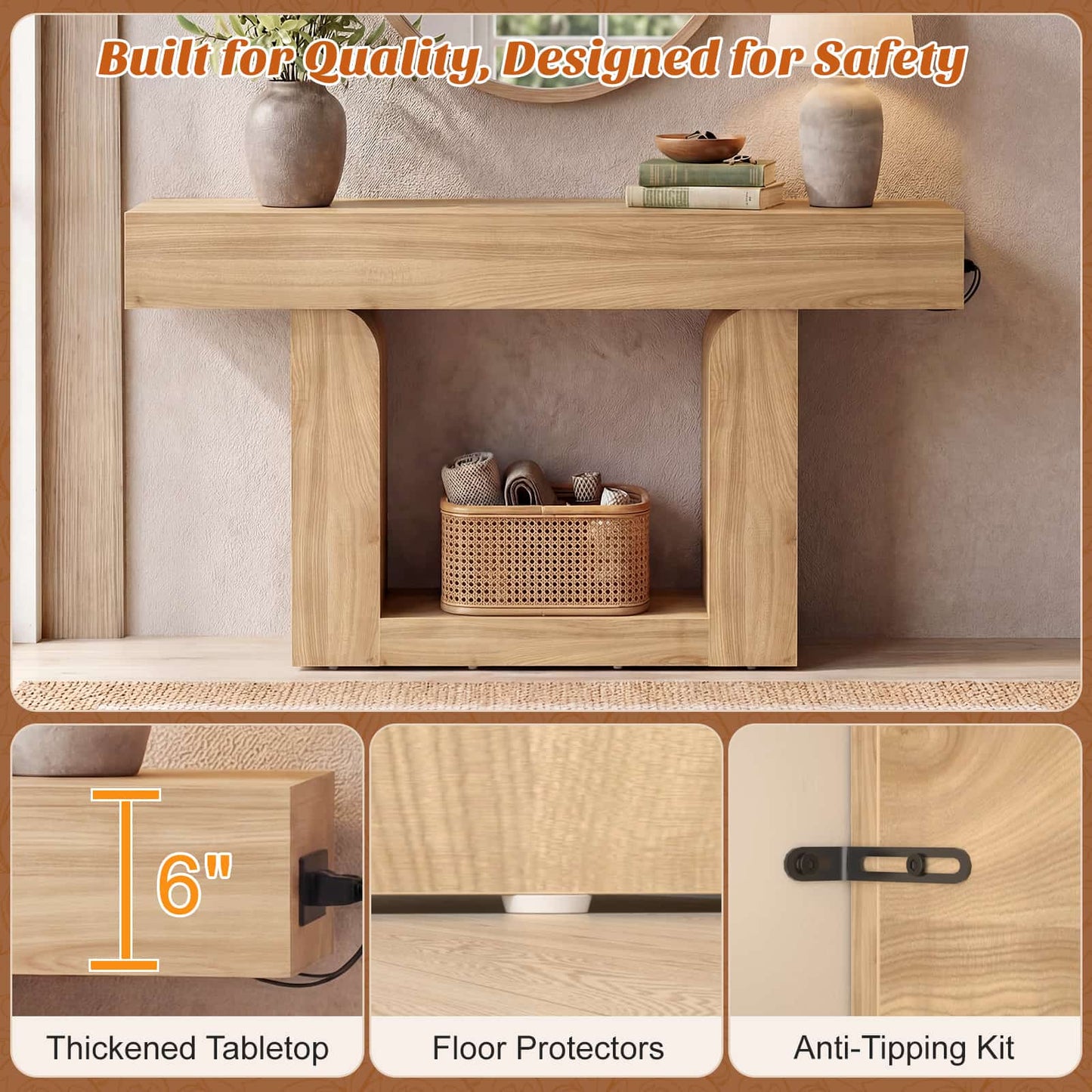 47" Farmhouse Console Table -LED Lights & Charging Station, Narrow Sofa Table for Entryway, Living Room, Foyer, Hallway