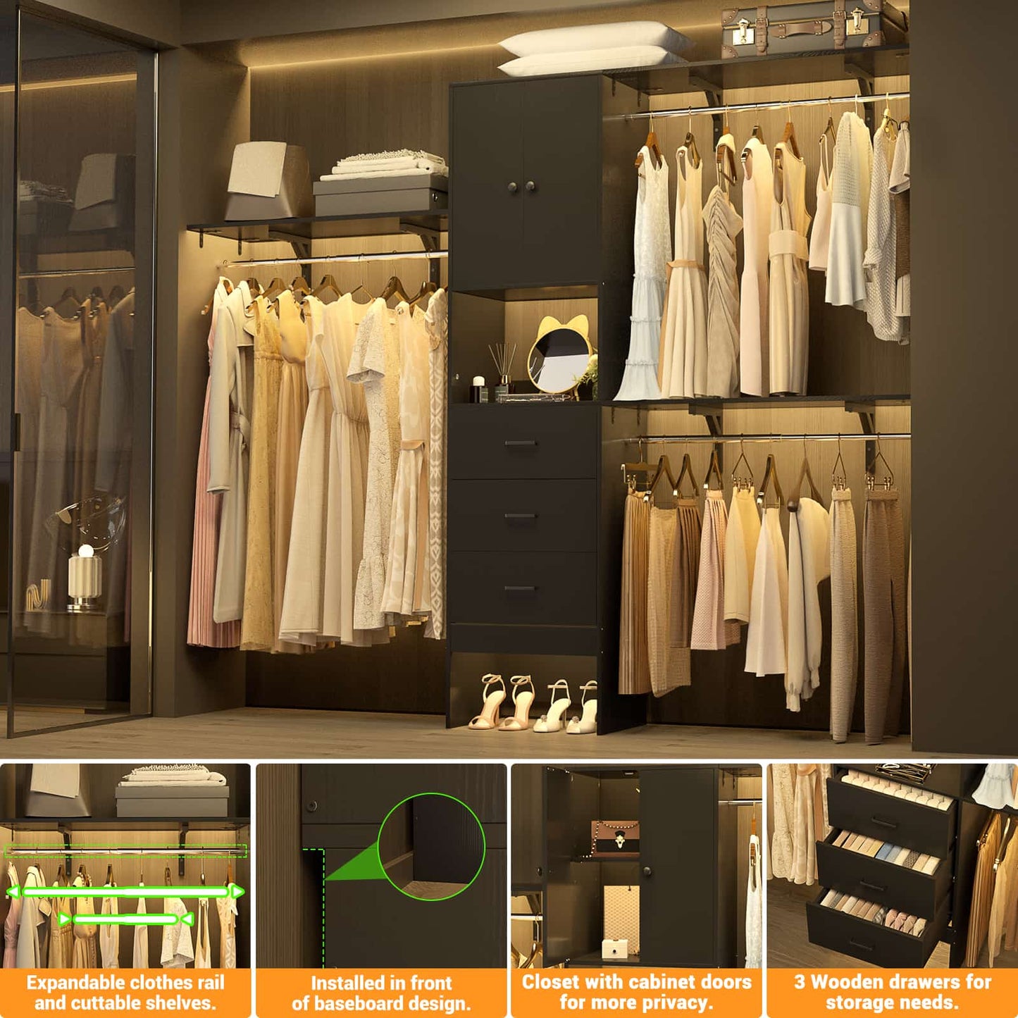 96 '' Closet Organizer System with Wood Drawers and Doors