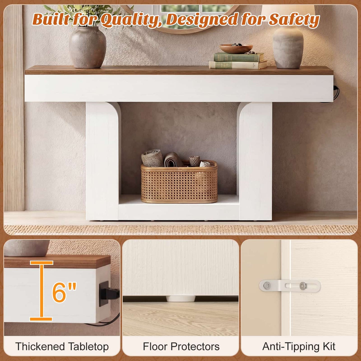 63" Farmhouse Console Table -LED Lights & Charging Station, Narrow Sofa Table for Entryway, Living Room, Foyer, Hallway, Behind Couch