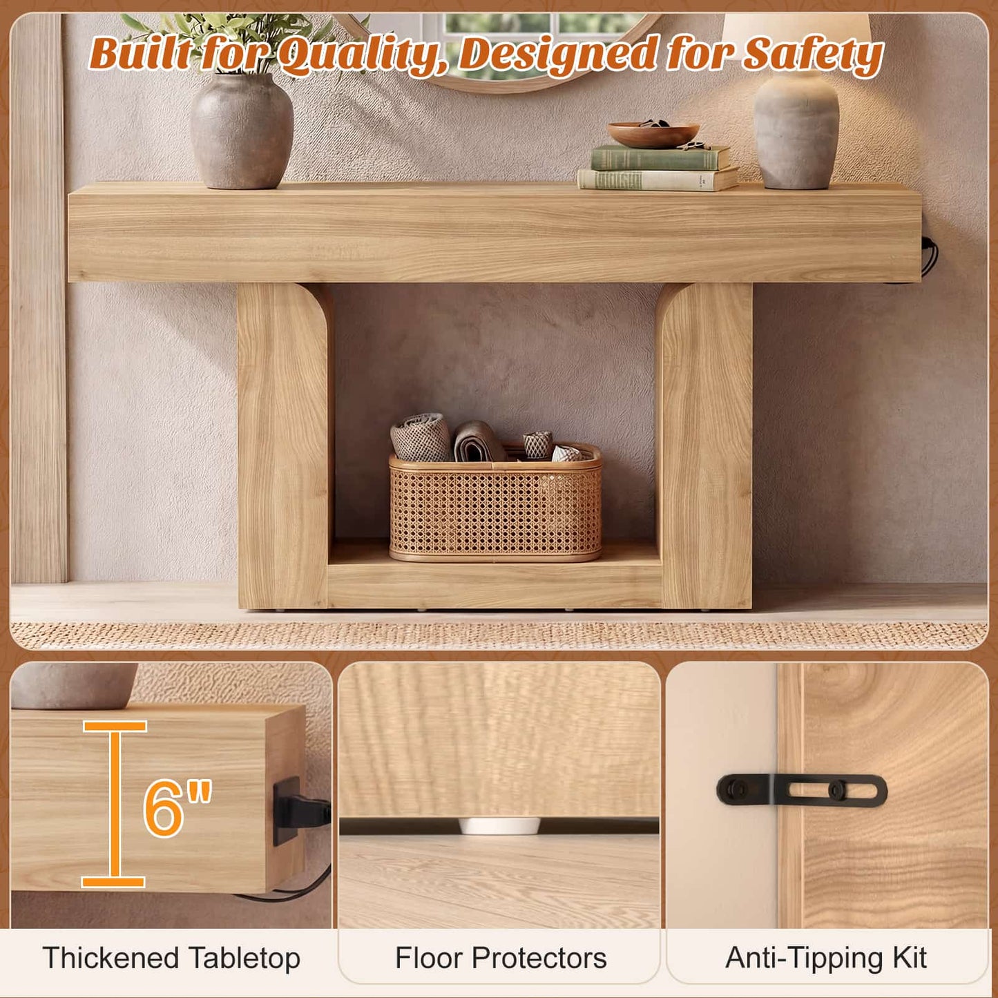 63" Farmhouse Console Table -LED Lights & Charging Station, Narrow Sofa Table for Entryway, Living Room, Foyer, Hallway, Behind Couch