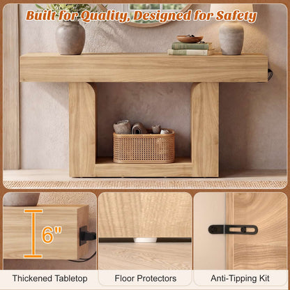 63" Farmhouse Console Table -LED Lights & Charging Station, Narrow Sofa Table for Entryway, Living Room, Foyer, Hallway, Behind Couch