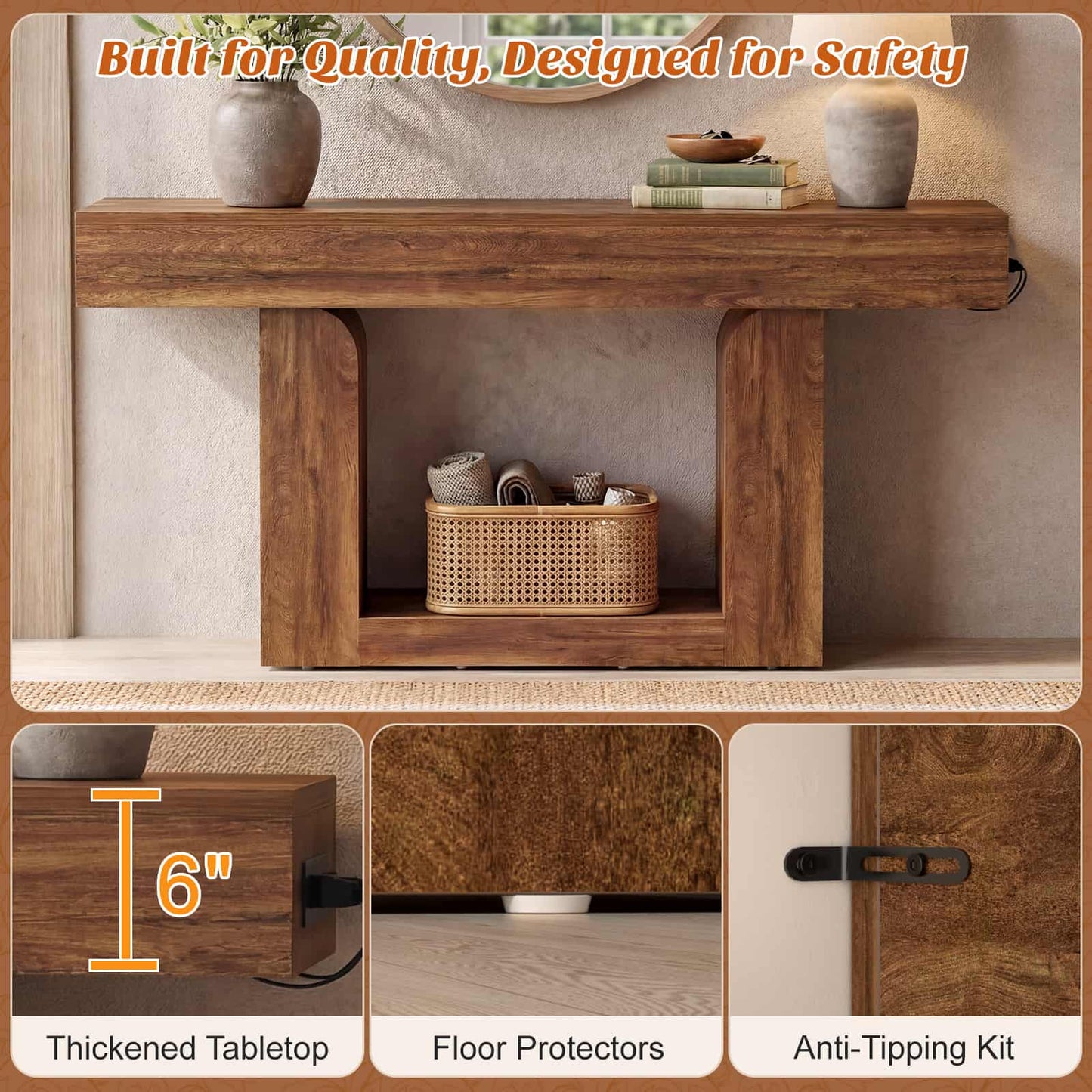 63" Farmhouse Console Table -LED Lights & Charging Station, Narrow Sofa Table for Entryway, Living Room, Foyer, Hallway, Behind Couch