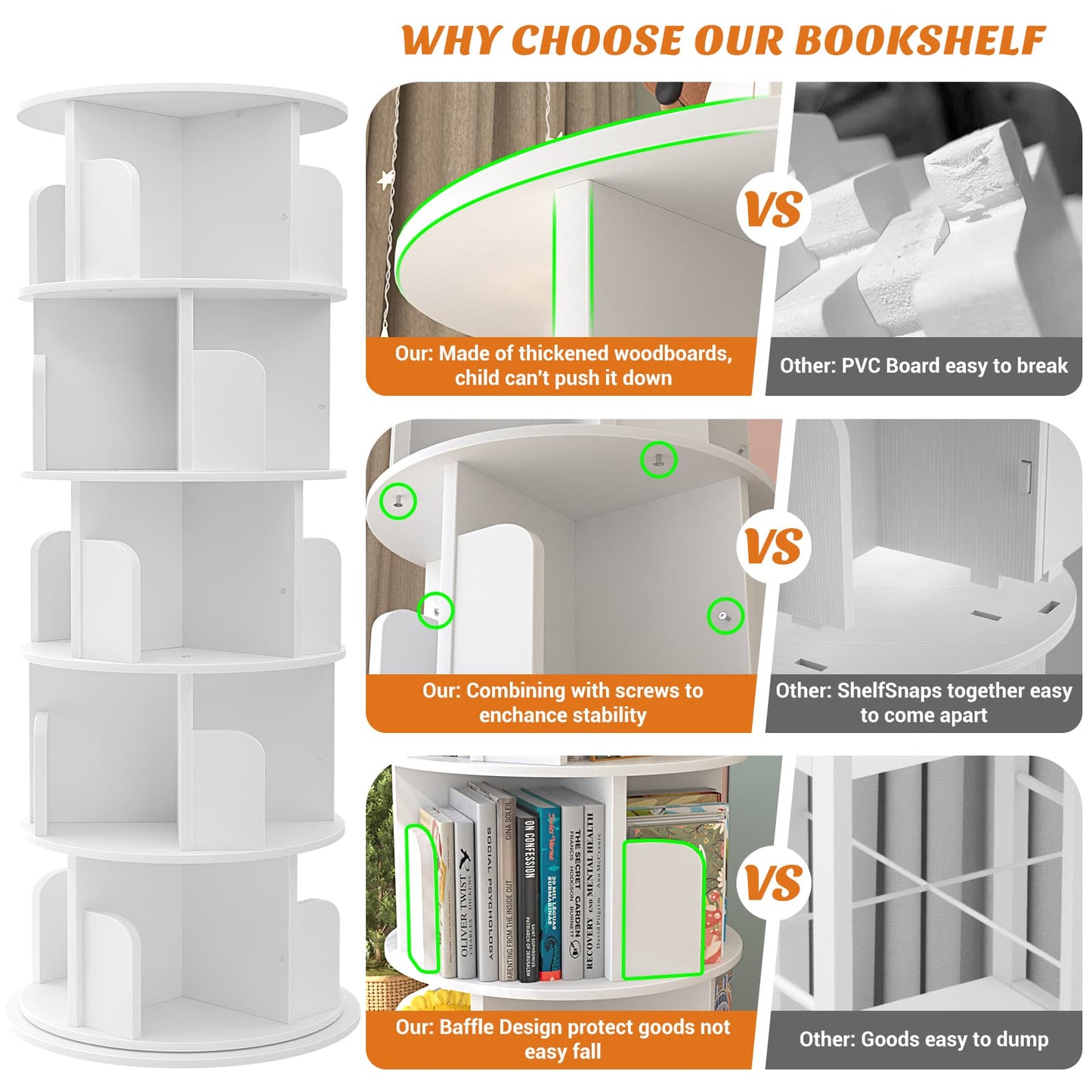 Rotating Bookshelf, 360 Display Wood Spinning Bookshelf Tower