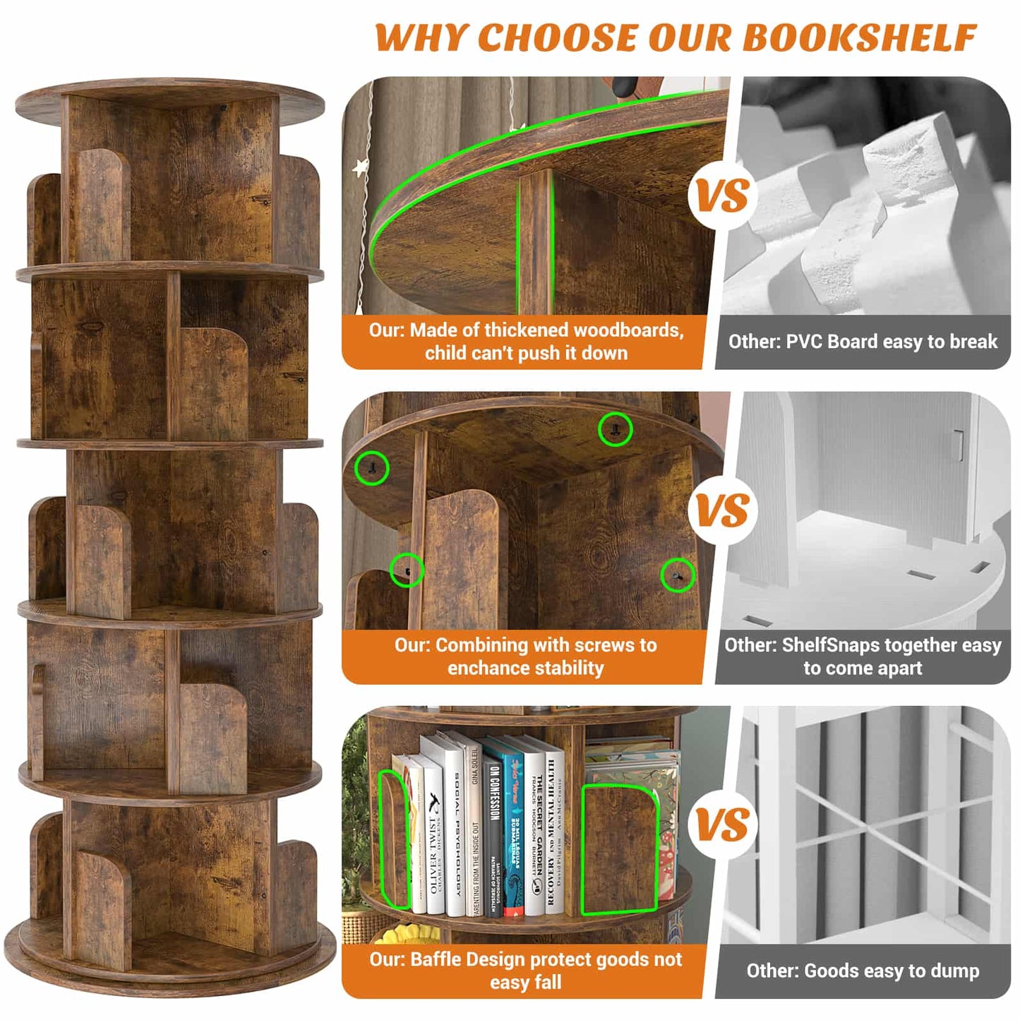 Rotating Bookshelf, 360 Display Wood Spinning Bookshelf Tower