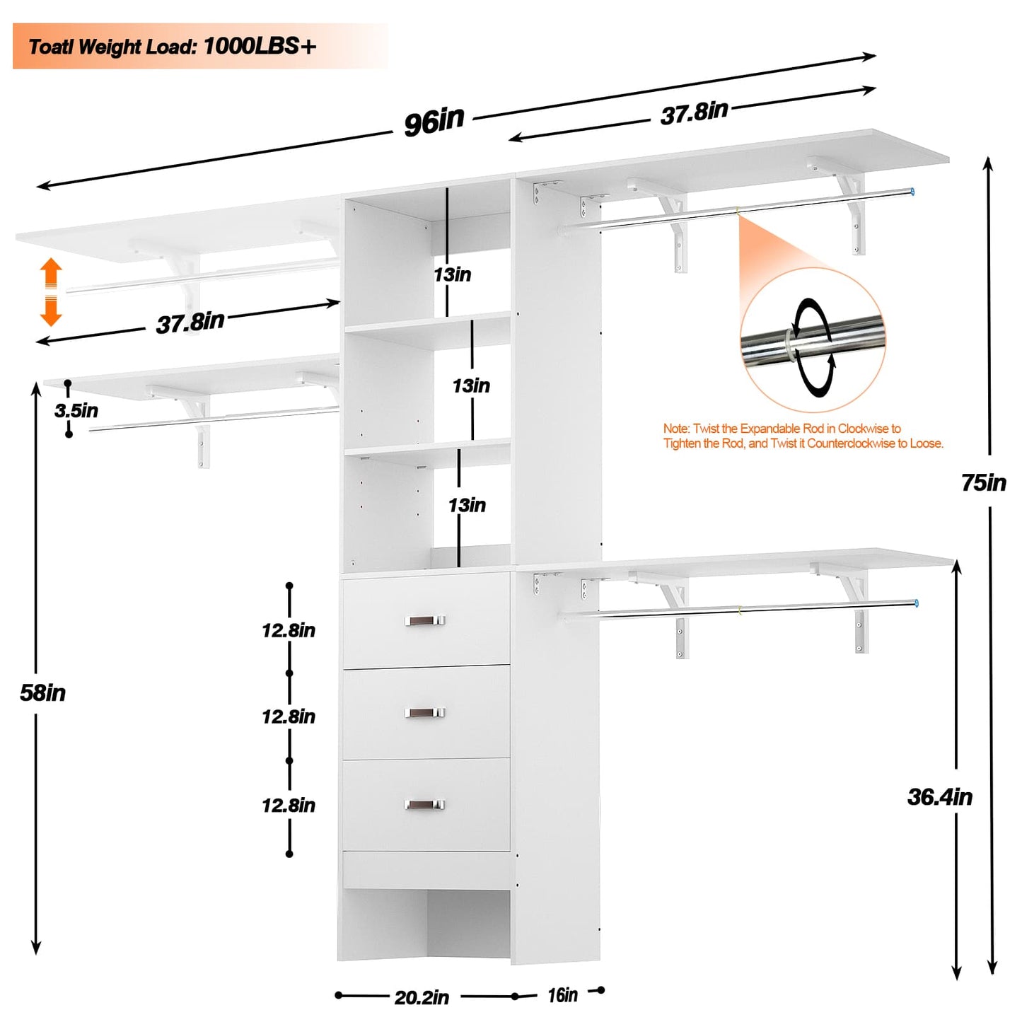 96‘’ W Closet System, Walk In Closet Organizer with 3 Shelving Towers