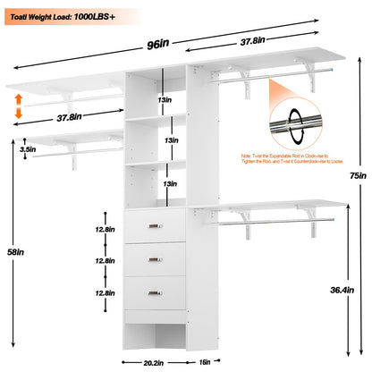 96‘’ W Closet System, Walk In Closet Organizer with 3 Shelving Towers