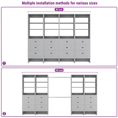 96" Closet System 2-Pack with 6 Hanging Rods & 6 Wooden Drawers - Adjustable Width (5-8FT Each)