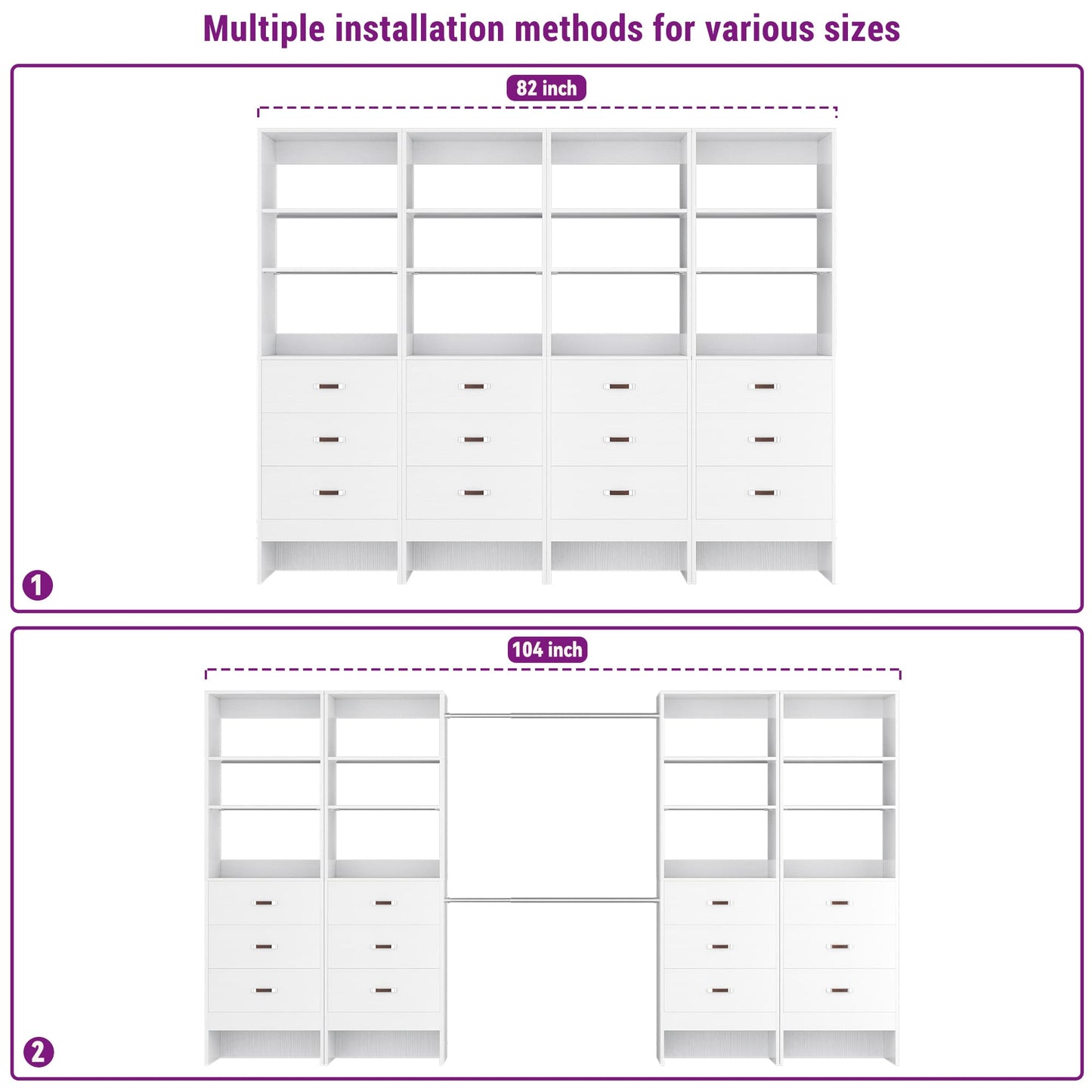 96" Closet System 2-Pack with 6 Hanging Rods & 6 Wooden Drawers - Adjustable Width (5-8FT Each)