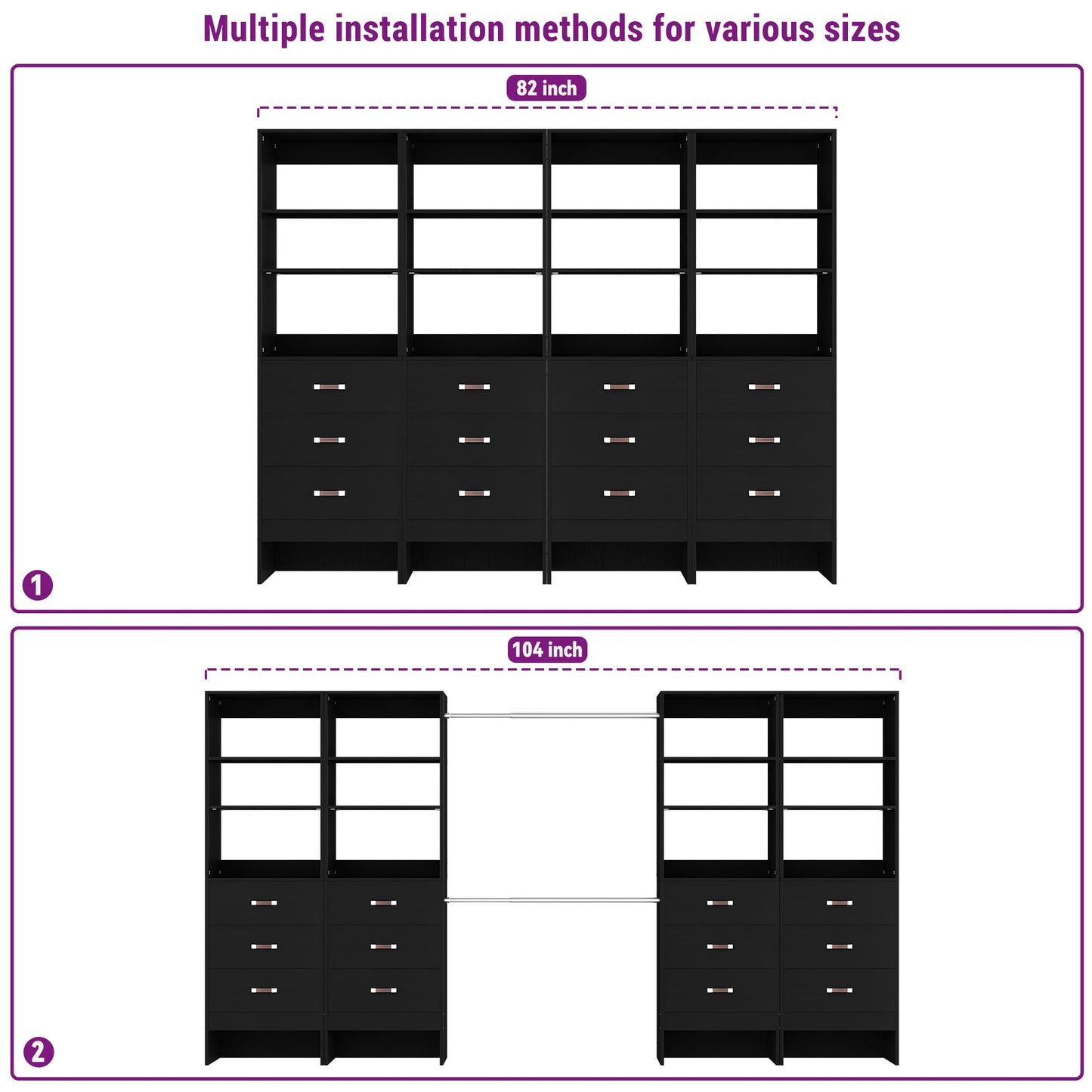 96" Closet System Value 4-Pack with 12 Hanging Rods & 12 Wooden Drawers - Adjustable (5-8FT Each)