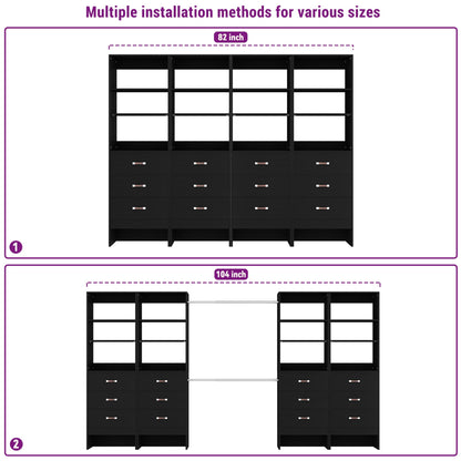 96" Closet System Value 4-Pack with 12 Hanging Rods & 12 Wooden Drawers - Adjustable (5-8FT Each)