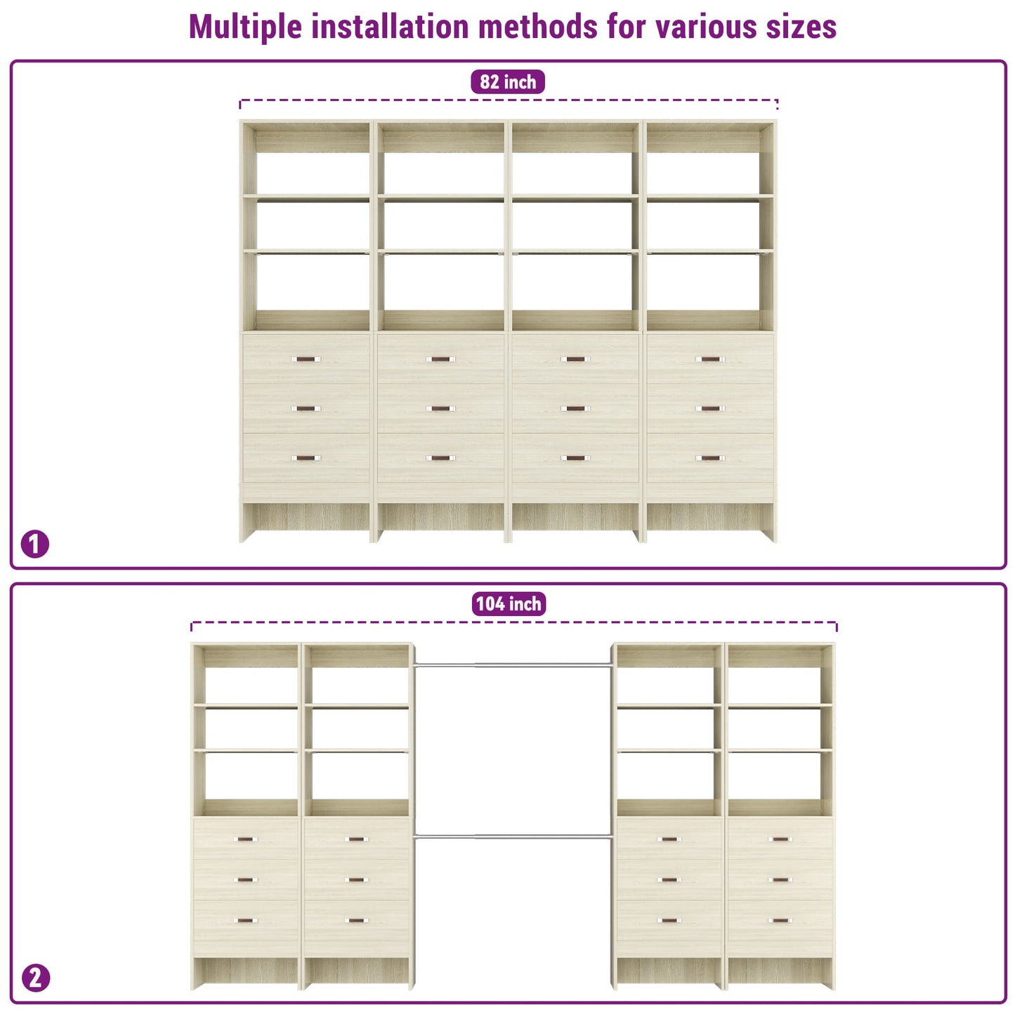 96" Closet System Value 4-Pack with 12 Hanging Rods & 12 Wooden Drawers - Adjustable (5-8FT Each)