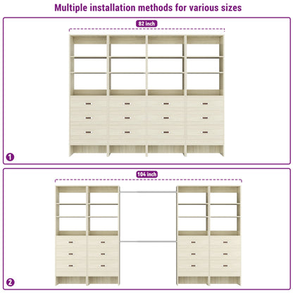 96" Closet System Value 4-Pack with 12 Hanging Rods & 12 Wooden Drawers - Adjustable (5-8FT Each)