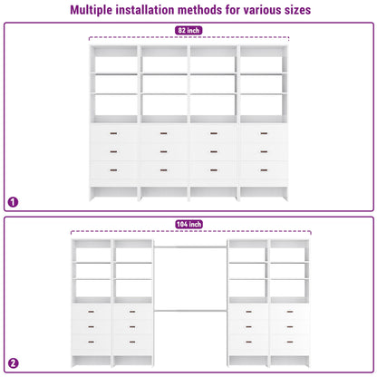 96" Closet System Value 4-Pack with 12 Hanging Rods & 12 Wooden Drawers - Adjustable (5-8FT Each)