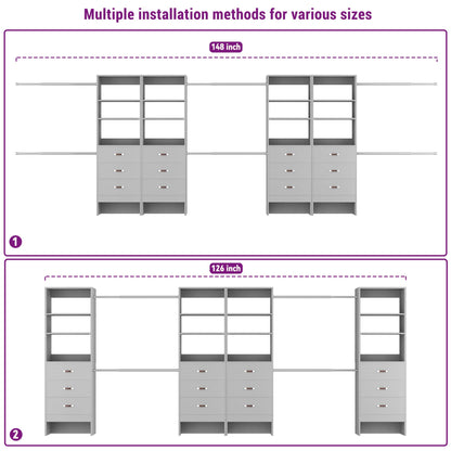 96" Closet System 2-Pack with 6 Hanging Rods & 6 Wooden Drawers - Adjustable Width (5-8FT Each)