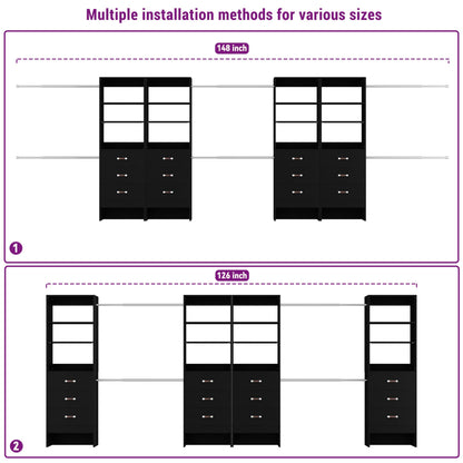 96" Closet System 2-Pack with 6 Hanging Rods & 6 Wooden Drawers - Adjustable Width (5-8FT Each)