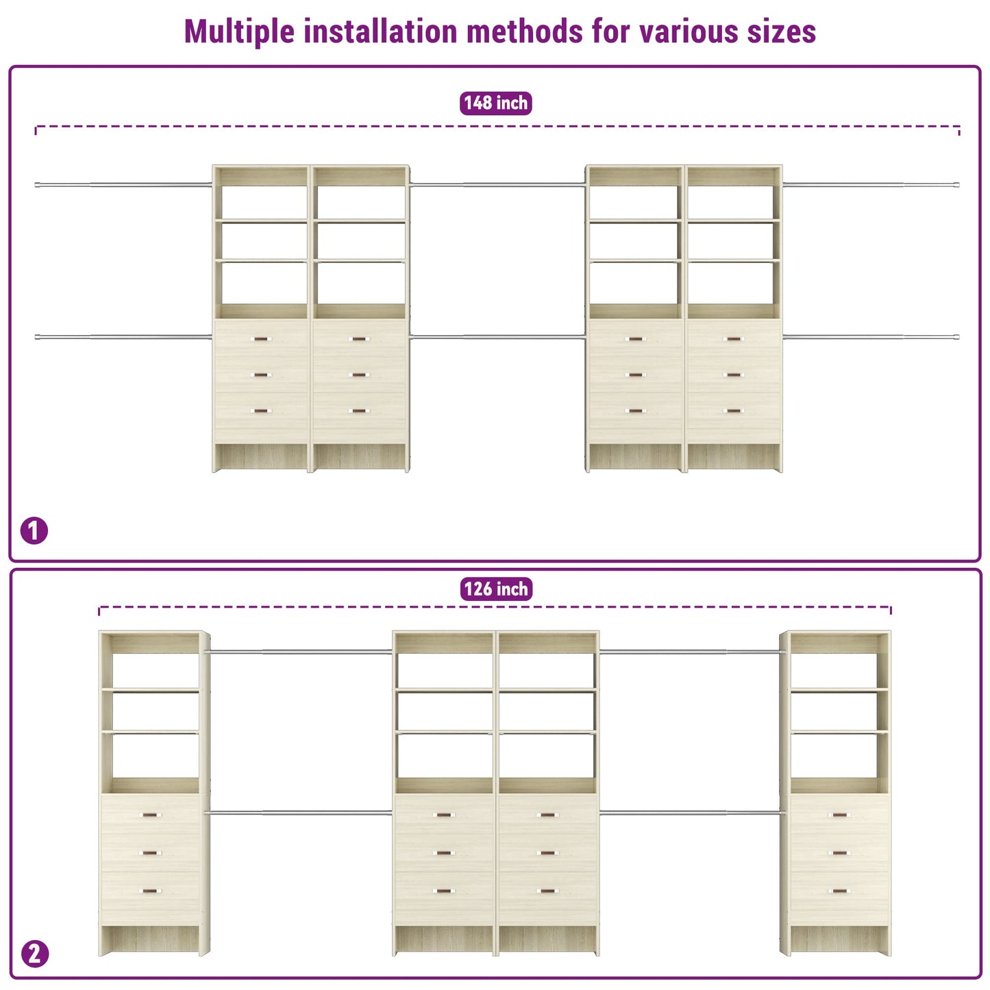 96" Closet System 2-Pack with 6 Hanging Rods & 6 Wooden Drawers - Adjustable Width (5-8FT Each)