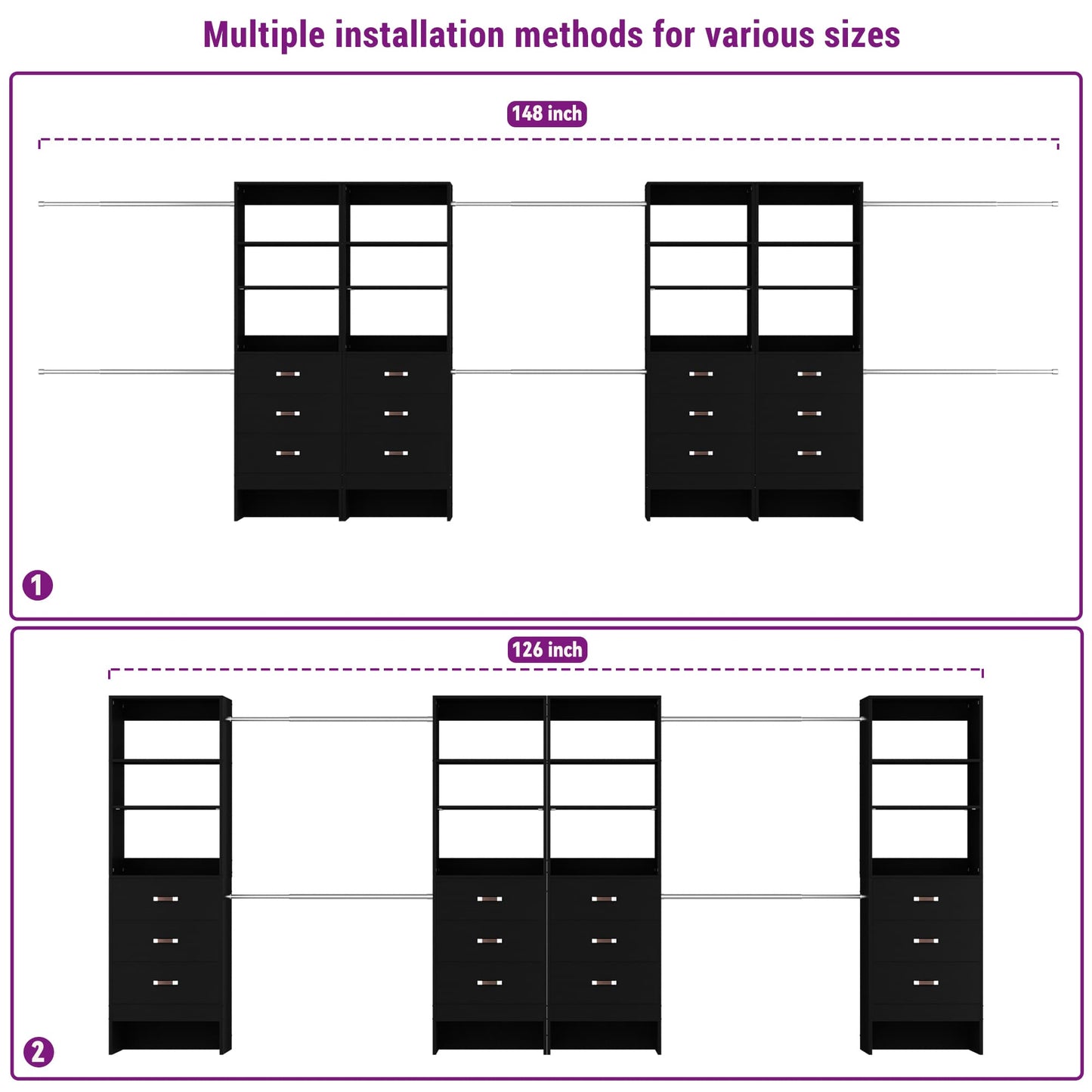 96" Closet System Value 4-Pack with 12 Hanging Rods & 12 Wooden Drawers - Adjustable (5-8FT Each)
