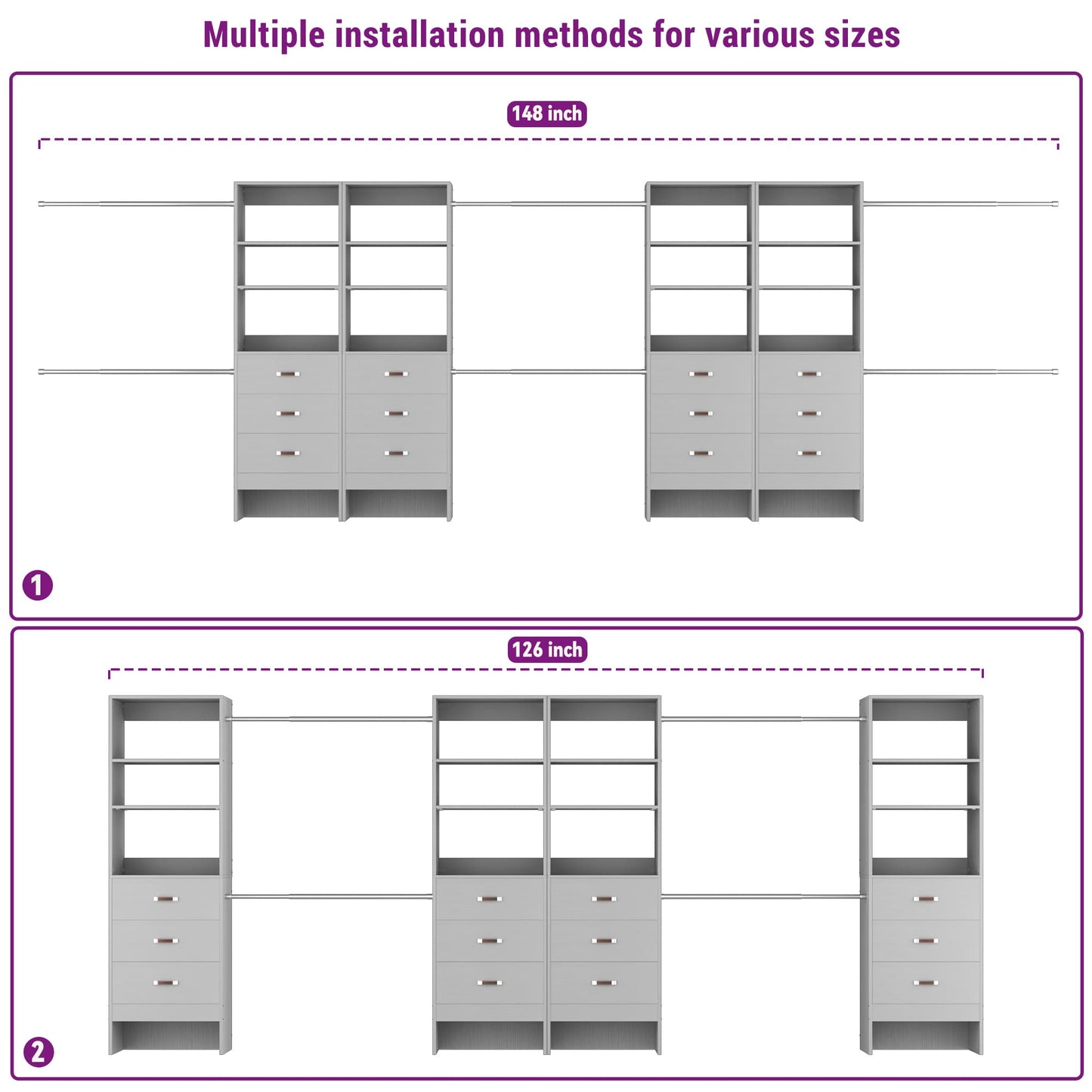 96" Closet System Value 4-Pack with 12 Hanging Rods & 12 Wooden Drawers - Adjustable (5-8FT Each)