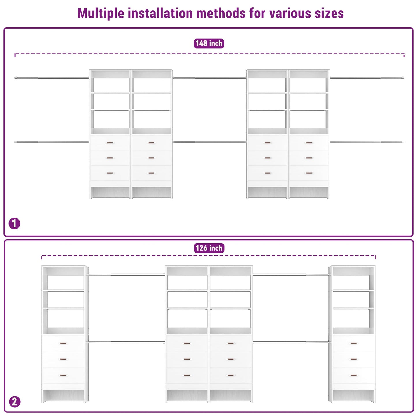 96" Closet System 2-Pack with 6 Hanging Rods & 6 Wooden Drawers - Adjustable Width (5-8FT Each)