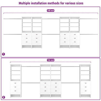96" Closet System 2-Pack with 6 Hanging Rods & 6 Wooden Drawers - Adjustable Width (5-8FT Each)